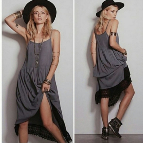 Intimately By Free People Dresses & Skirts - Free People Intimately Gray Black Crochet Trim Spaghetti Strap Slip Dress Sz M